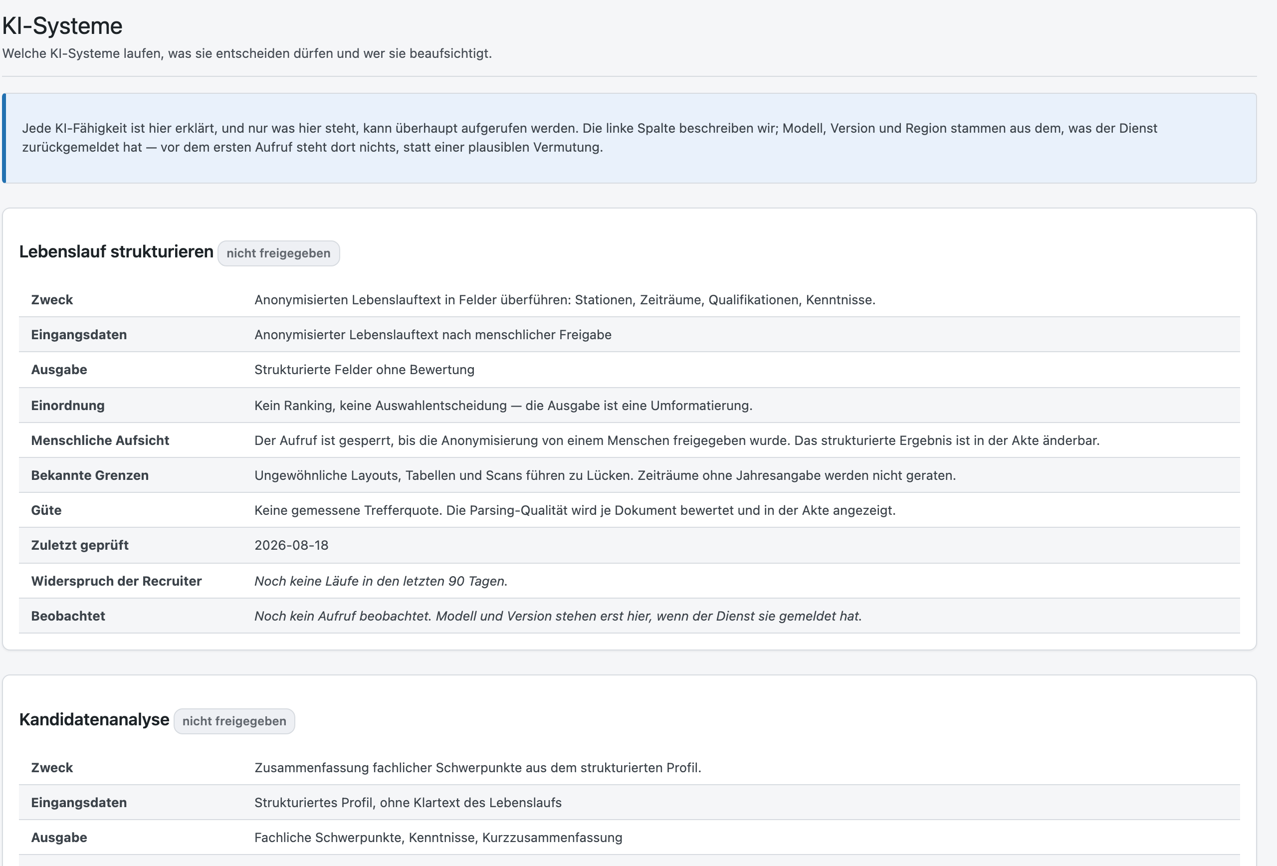 Die Modellkarte eines KI-Systems: Zweck, Eingangsdaten, Ausgabe, Einordnung, menschliche Aufsicht, bekannte Grenzen, Güte und Datum der letzten Prüfung.
