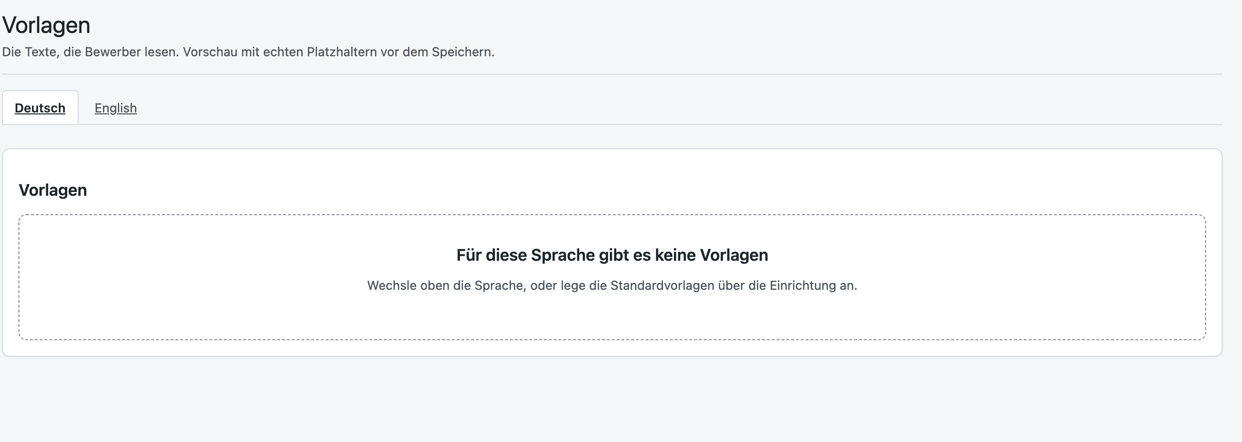 Der Vorlagenbestand mit Betreff, Sprache und den erlaubten Platzhaltern.