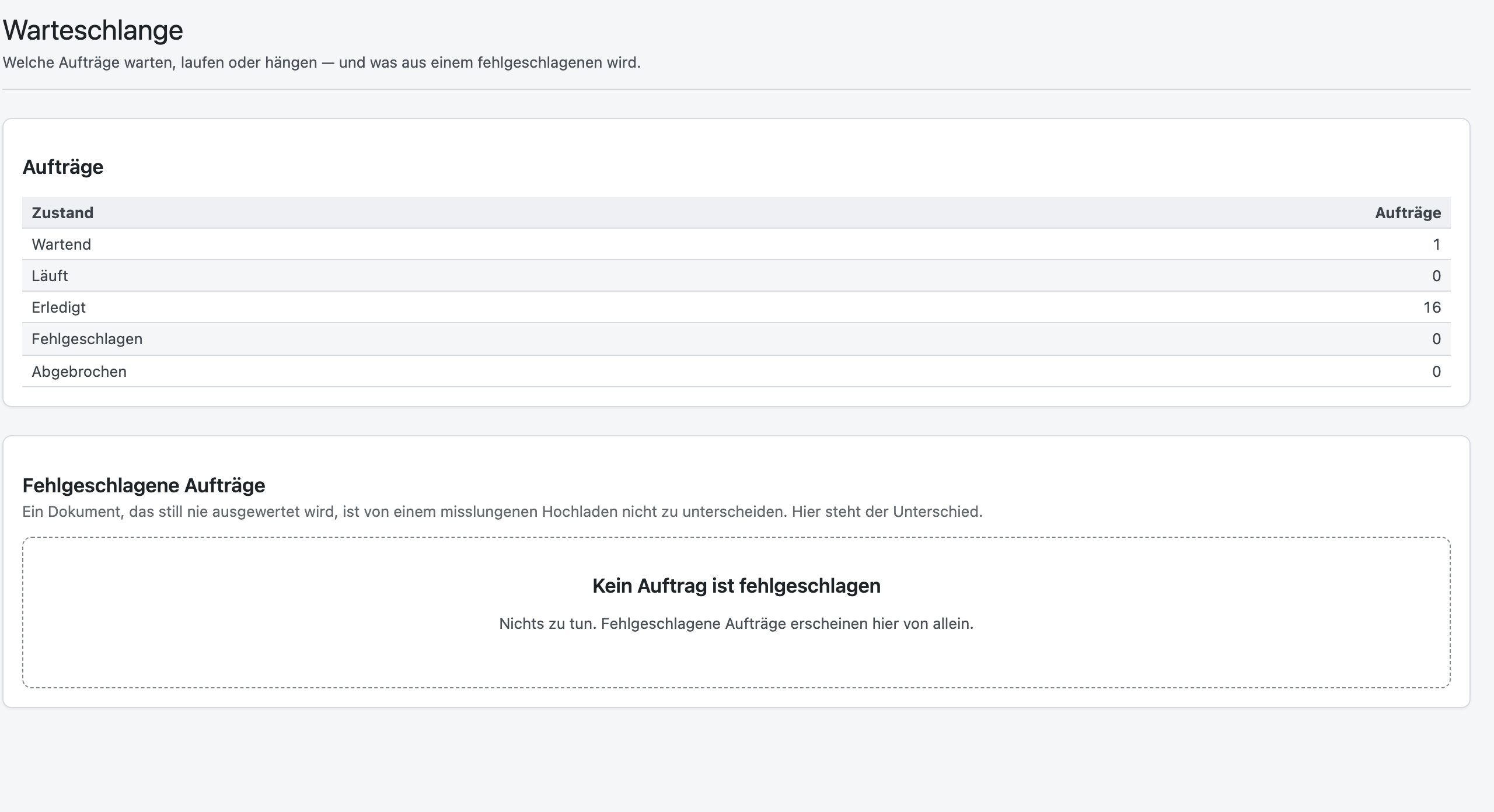 Die Warteschlange mit laufenden und erledigten Aufgaben, jeweils mit Zustand und Zeitpunkt.